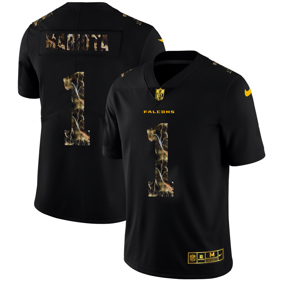 Atlanta Falcons #1 Marcus Mariota Men's Black Flocked Lightning Vapor Limited Jersey