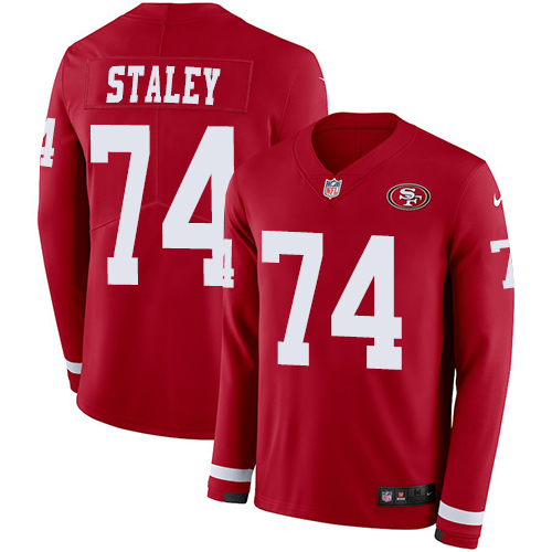 San Francisco 49ers #74 Joe Staley Red Team Color Men's Stitched Limited Therma Long Sleeve Jersey Men's