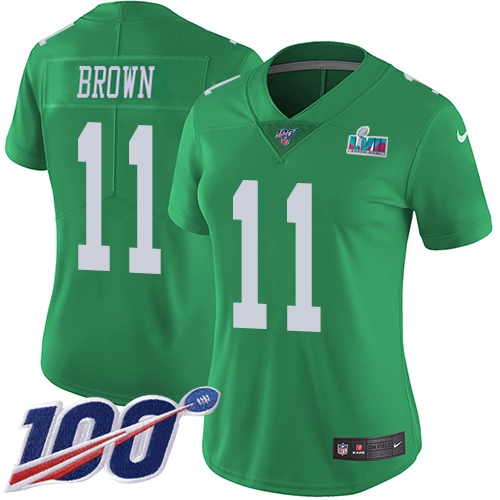 Eagles #11 A.J. Brown Green Super Bowl LVII Patch Women's Stitched Limited Rush 100th Season Jersey