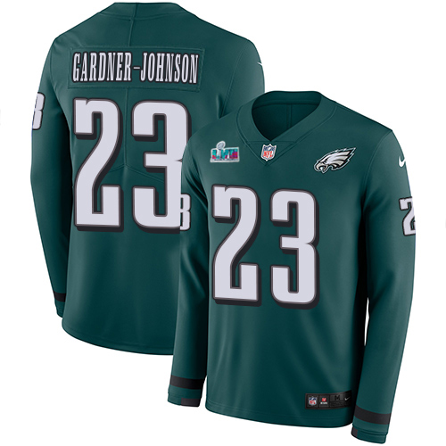 Eagles #23 C.J. Gardner-Johnson Green Team Color Super Bowl LVII Patch Men's Stitched Limited Therma Long Sleeve Jersey