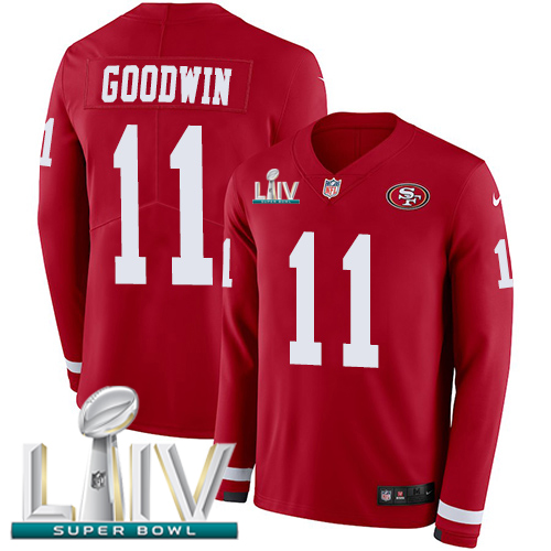San Francisco 49ers #11 Marquise Goodwin Red Super Bowl LIV 2020 Team Color Youth Stitched Limited Therma Long Sleeve Jersey Youth