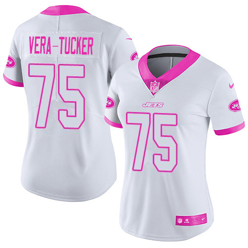 New York Jets #75 Alijah Vera-Tucker White/Pink Women's Stitched Limited Rush Fashion Jersey Womens