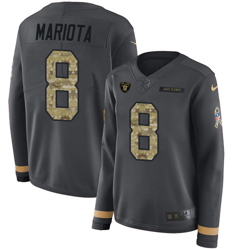 Las Vegas Raiders #8 Marcus Mariota Anthracite Salute to Service Women's Stitched Limited Therma Long Sleeve Jersey Womens
