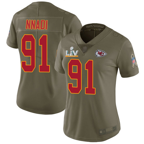 Kansas City Chiefs #91 Derrick Nnadi Olive Women's Super Bowl LV Bound Stitched Limited 2017 Salute To Service Jersey Womens