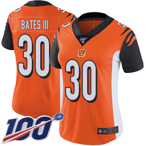 Bengals #30 Jessie Bates III Orange Alternate Women's Stitched 100th Season Vapor Limited Jersey