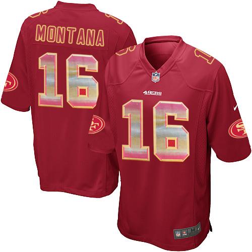 49ers #16 Joe Montana Red Team Color Men's Stitched Limited Strobe Jersey