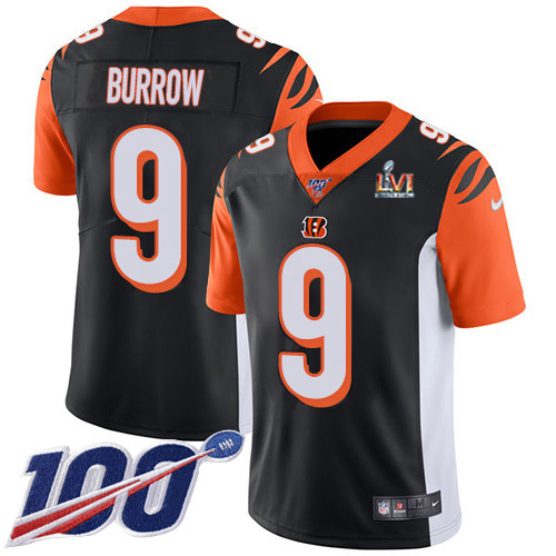 Bengals #9 Joe Burrow Black Team Color Super Bowl LVI Patch Men's Stitched 100th Season Vapor Limited Jersey