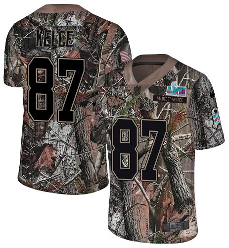 Chiefs #87 Travis Kelce Camo Super Bowl LVII Patch Men's Stitched Limited Rush Realtree Jersey