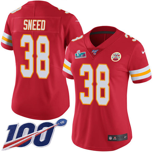 Chiefs #38 L'Jarius Sneed Red Team Color Super Bowl LVII Patch Women's Stitched 100th Season Vapor Limited Jersey
