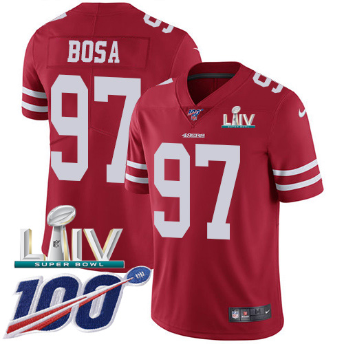 49ers #97 Nick Bosa Red Super Bowl LIV 2020 Team Color Men's Stitched 100th Season Vapor Limited Jersey