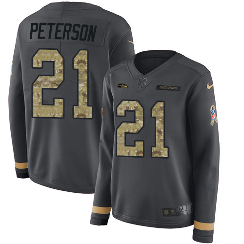 Seattle Seahawks #21 Adrian Peterson Anthracite Salute to Service Women's Stitched Limited Therma Long Sleeve Jersey Womens