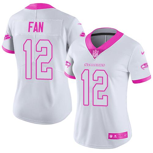 Seahawks #12 Fan White/Pink Women's Stitched Limited Rush Fashion Jersey