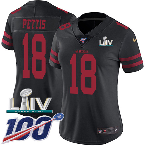 San Francisco 49ers #18 Dante Pettis Black Super Bowl LIV 2020 Alternate Women's Stitched 100th Season Vapor Limited Jersey Womens