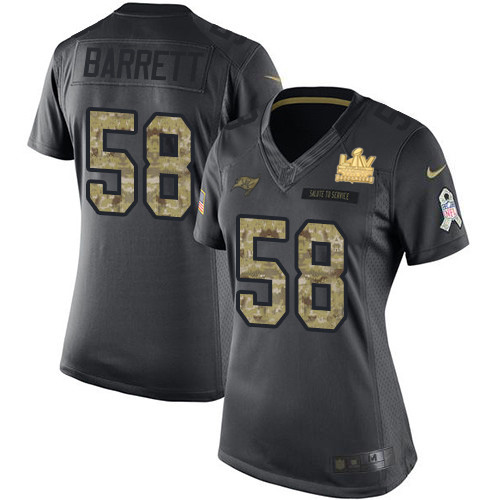 Tampa Bay Buccaneers #58 Shaquil Barrett Black Women's Super Bowl LV Champions Patch Stitched Limited 2016 Salute to Service Jersey Womens