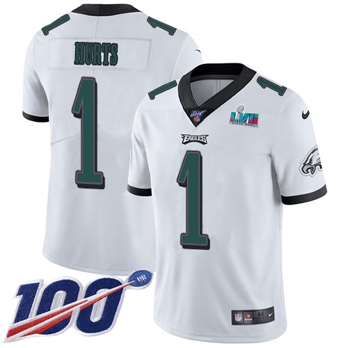 Eagles #1 Jalen Hurts White Super Bowl LVII Patch Youth Stitched 100th Season Vapor Limited Jersey