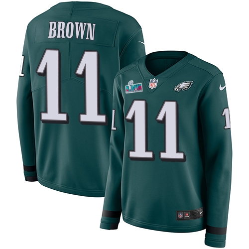 Eagles #11 A.J. Brown Green Team Color Super Bowl LVII Patch Women's Stitched Limited Therma Long Sleeve Jersey