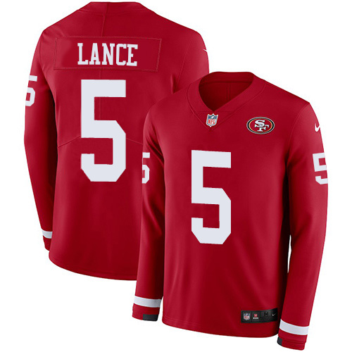San Francisco 49ers #5 Trey Lance Red Team Color Youth Stitched Limited Therma Long Sleeve Jersey