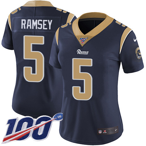 Rams #5 Jalen Ramsey Navy Blue Team Color Women's Stitched 100th Season Vapor Limited Jersey