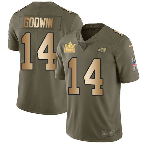 Buccaneers #14 Chris Godwin Olive/Gold Youth Super Bowl LV Champions Patch Stitched Limited 2017 Salute To Service Jersey