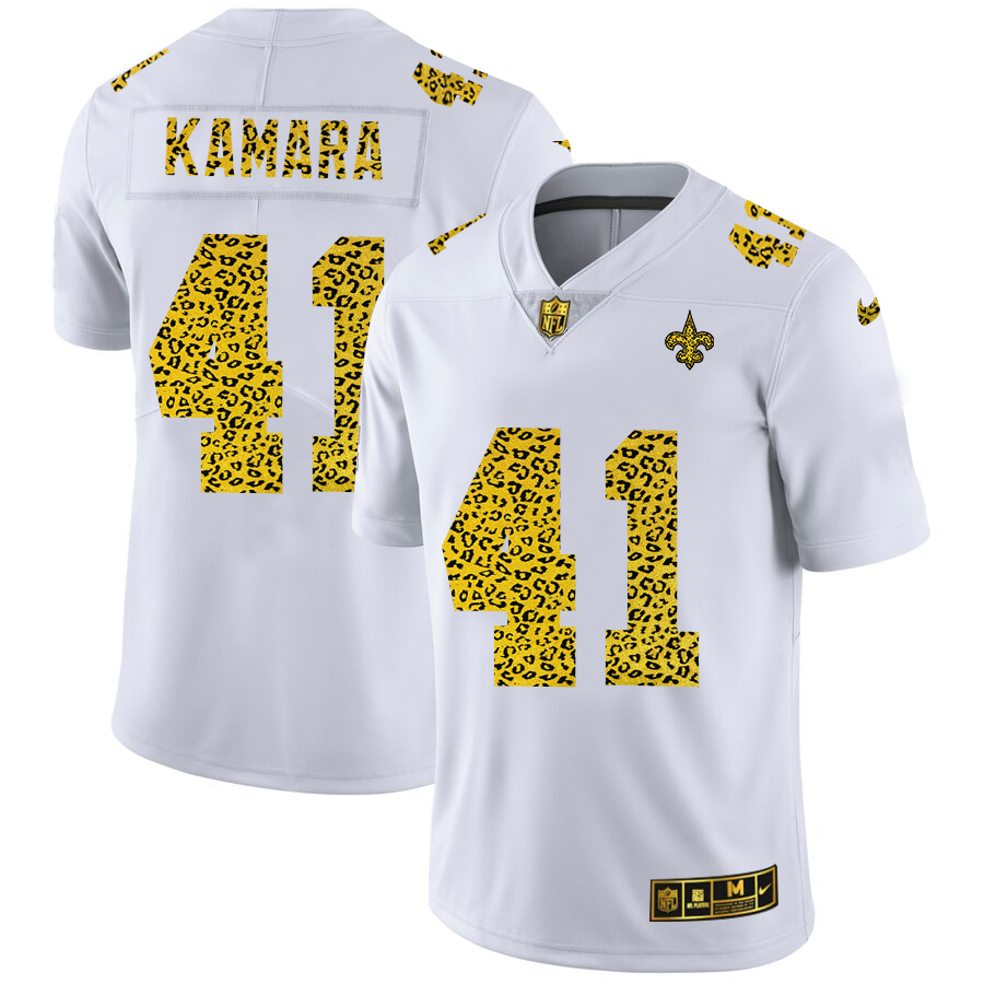 New Orleans Saints #41 Alvin Kamara Men's Flocked Leopard Print Vapor Limited Jersey White