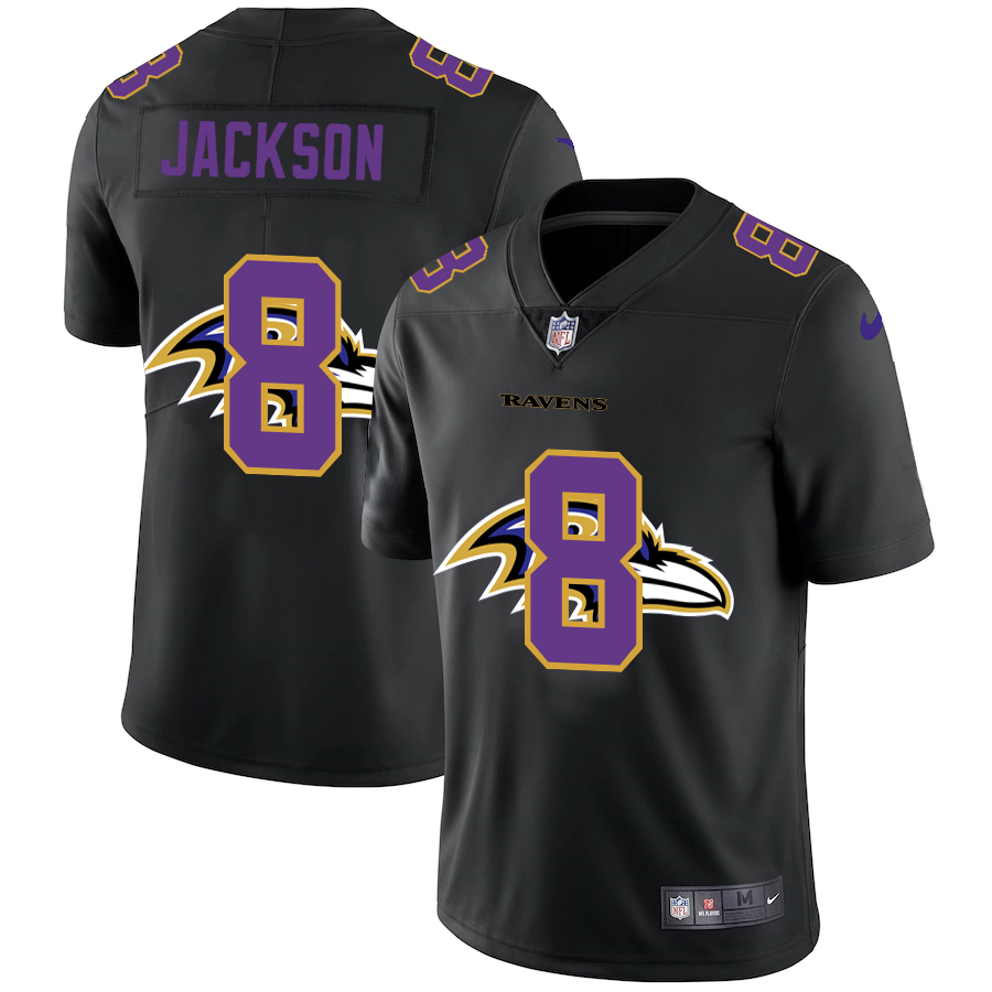 Baltimore Ravens #8 Lamar Jackson Men's Team Logo Dual Overlap Limited Jersey Black