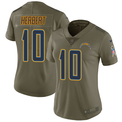 Chargers #10 Justin Herbert Olive Women's Stitched Limited 2017 Salute To Service Jersey