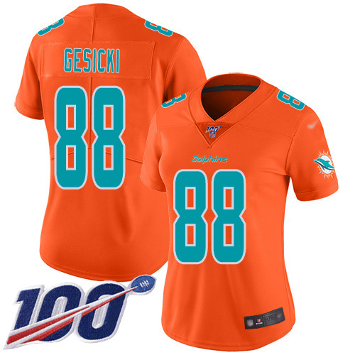 Dolphins #88 Mike Gesicki Orange Women's Stitched Limited Inverted Legend 100th Season Jersey