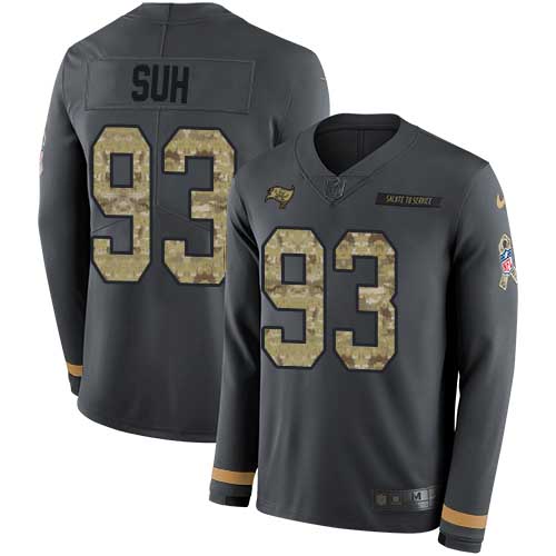 Tampa Bay Buccaneers #93 Ndamukong Suh Anthracite Salute to Service Men's Stitched Limited Therma Long Sleeve Jersey Men's