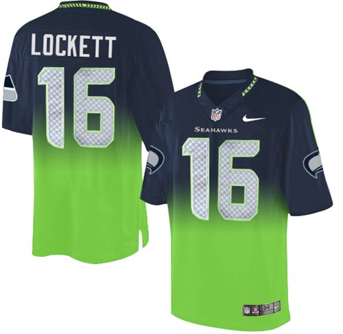 Seahawks #16 Tyler Lockett Steel Blue/Green Men's Stitched Elite Fadeaway Fashion Jersey