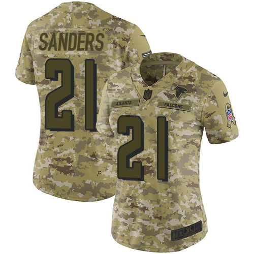 Atlanta Falcons #21 Deion Sanders Camo Women's Stitched Limited 2018 Salute to Service Jersey Womens