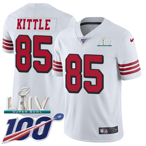 49ers #85 George Kittle White Super Bowl LIV 2020 Rush Men's Stitched Limited 100th Season Jersey