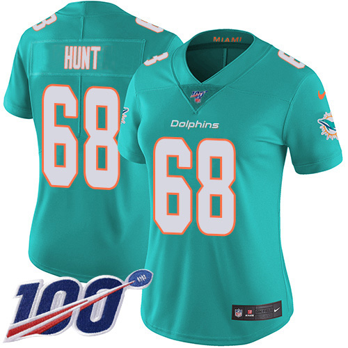 Miami Dolphins #68 Robert Hunt Aqua Green Team Color Women's Stitched 100th Season Vapor Untouchable Limited Jersey Womens