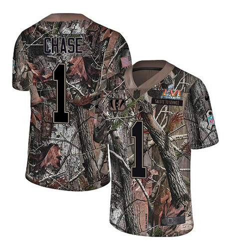 Bengals #1 Ja'Marr Chase Camo Super Bowl LVI Patch Youth Stitched Limited Rush Realtree Jersey