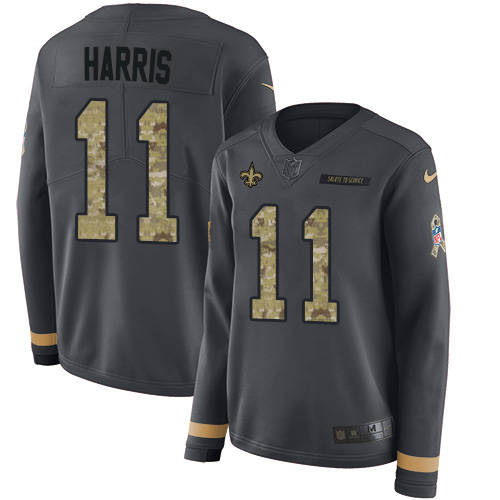 New Orleans Saints #11 Deonte Harris Anthracite Salute to Service Women's Stitched Limited Therma Long Sleeve Jersey Womens