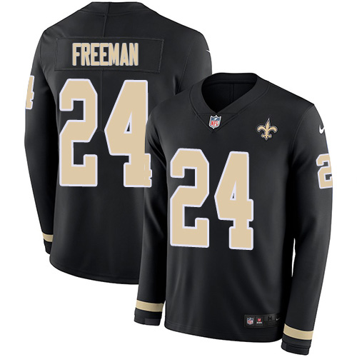 New Orleans Saints #24 Devonta Freeman Black Team Color Men's Stitched Limited Therma Long Sleeve Jersey Men's