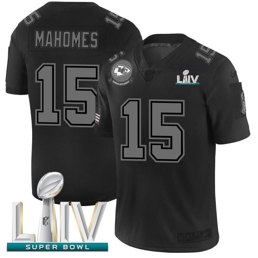 Kansas City Chiefs #15 Patrick Mahomes Men's Black Super Bowl LIV 2020 2019 Salute To Service Limited Stitched Jersey