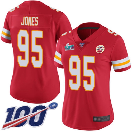 Chiefs #95 Chris Jones Red Team Color Super Bowl LVII Patch Women's Stitched 100th Season Vapor Limited Jersey