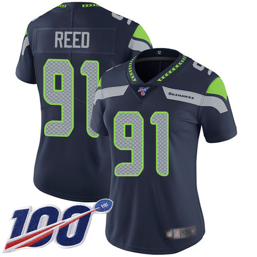 Seattle Seahawks #91 Jarran Reed Steel Blue Team Color Women's Stitched 100th Season Vapor Limited Jersey Womens