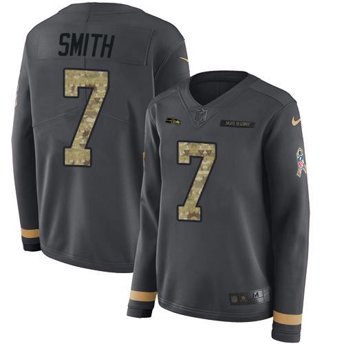 Seahawks #7 Geno Smith Anthracite Salute To Service Women's Stitched Limited Therma Long Sleeve Jersey