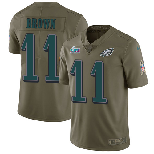 Eagles #11 A.J. Brown Olive Super Bowl LVII Patch Men's Stitched Limited 2017 Salute To Service Jersey