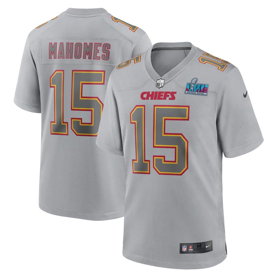 Chiefs #15 Patrick Mahomes Men's Super Bowl LVII Patch Atmosphere Fashion Game Jersey - Gray