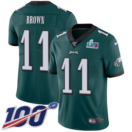 Eagles #11 A.J. Brown Green Team Color Super Bowl LVII Patch Men's Stitched 100th Season Vapor Untouchable Limited Jersey