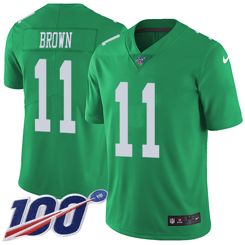 Eagles #11 A.J. Brown Green Men's Stitched Limited Rush 100th Season Jersey