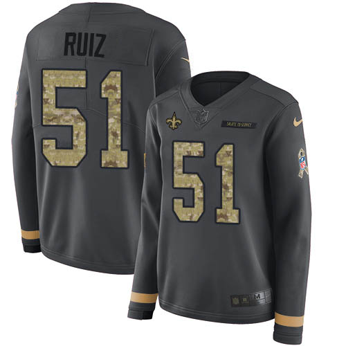 New Orleans Saints #51 Cesar Ruiz Anthracite Salute to Service Women's Stitched Limited Therma Long Sleeve Jersey Womens