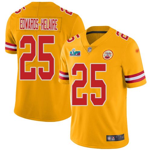 Chiefs #25 Clyde Edwards-Helaire Gold Super Bowl LVII Patch Youth Stitched Limited Inverted Legend Jersey