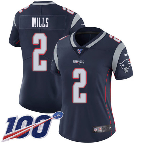 Patriots #2 Jalen Mills Navy Blue Team Color Women's Stitched 100th Season Vapor Limited Jersey