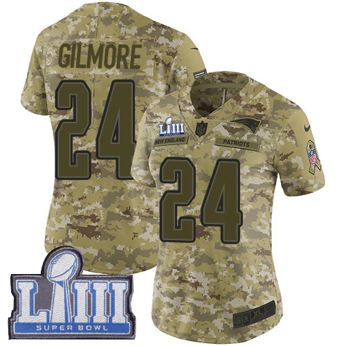 New England Patriots #24 Stephon Gilmore Camo Super Bowl LIII Bound Women's Stitched Limited 2018 Salute to Service Jersey Womens