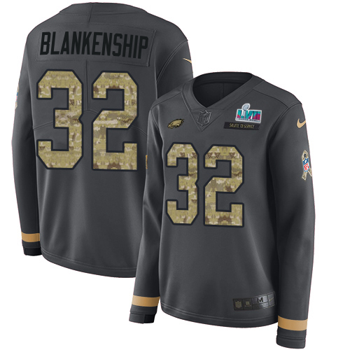 Eagles #32 Reed Blankenship Anthracite Salute To Service Super Bowl LVII Patch Women's Stitched Limited Therma Long Sleeve Jersey