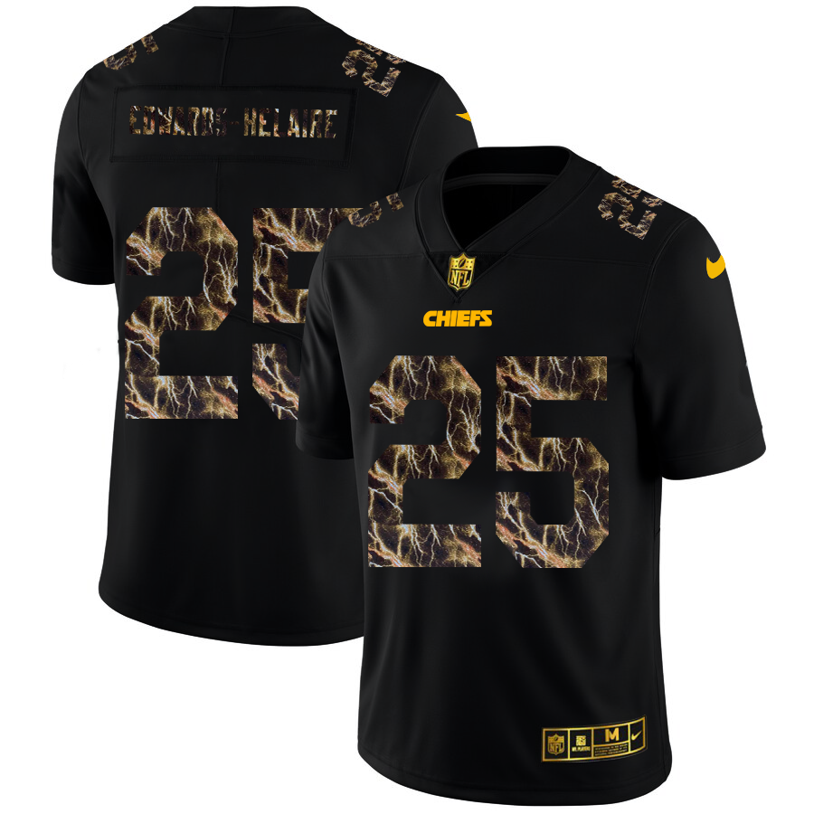 Kansas City Chiefs #25 Clyde Edwards-Helaire Men's Black Flocked Lightning Vapor Limited Jersey