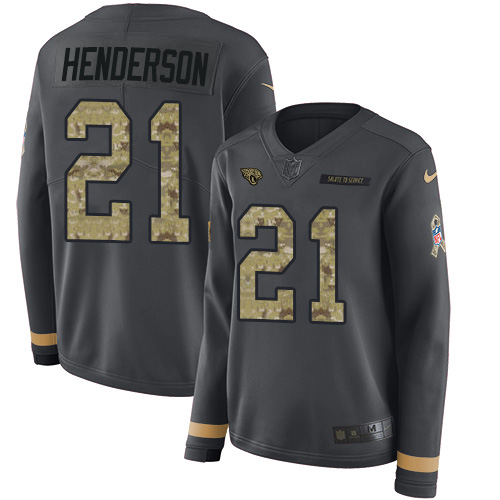 Jacksonville Jaguars #21 C.J. Henderson Anthracite Salute to Service Women's Stitched Limited Therma Long Sleeve Jersey Womens